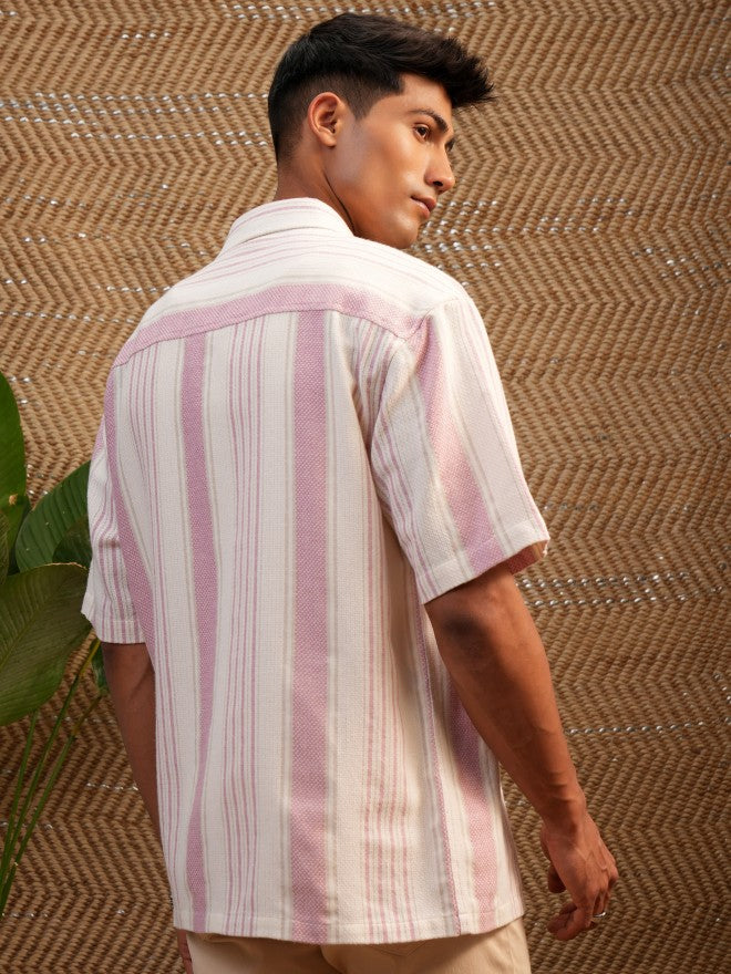 Locomotive Premium Men Pink Mocklino Dobby Striped Oversized Shirt - Pink - Image 3