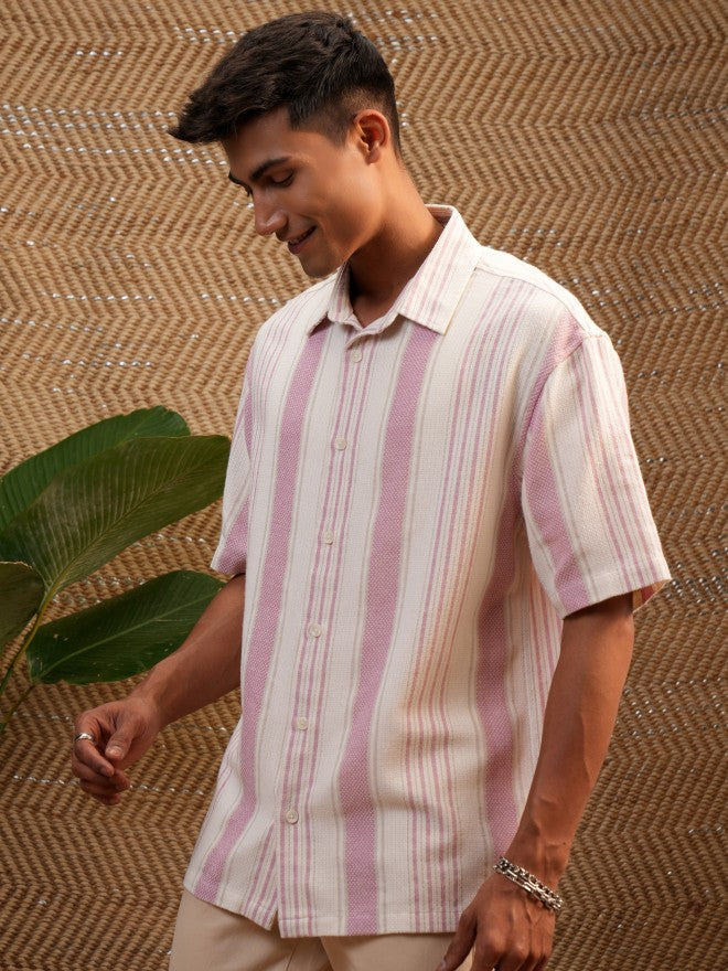 Locomotive Premium Men Pink Mocklino Dobby Striped Oversized Shirt - Pink - Image 4