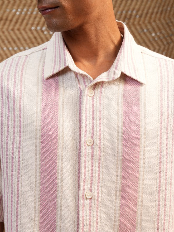 Locomotive Premium Men Pink Mocklino Dobby Striped Oversized Shirt - Pink - Image 5