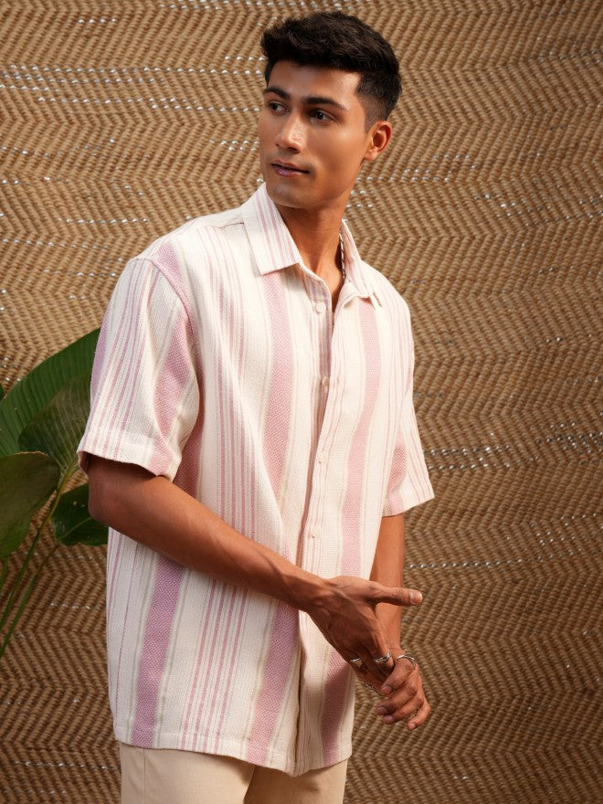 Locomotive Premium Men Pink Mocklino Dobby Striped Oversized Shirt - Pink - Image 6