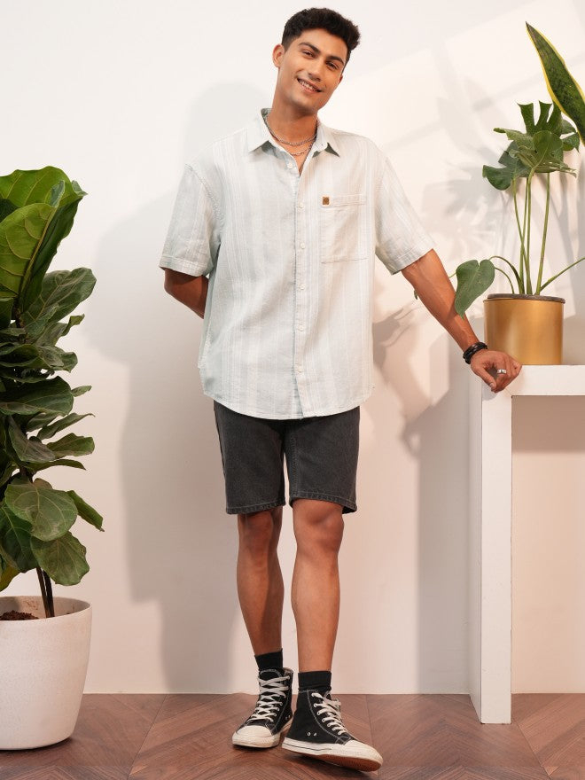 Locomotive Premium Men Light Grey Dobby Textured Oversized Shirt - Grey - Image 2