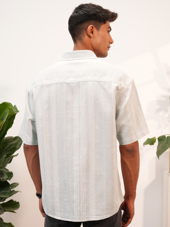Locomotive Premium Men Light Grey Dobby Textured Oversized Shirt - Grey - Image 3
