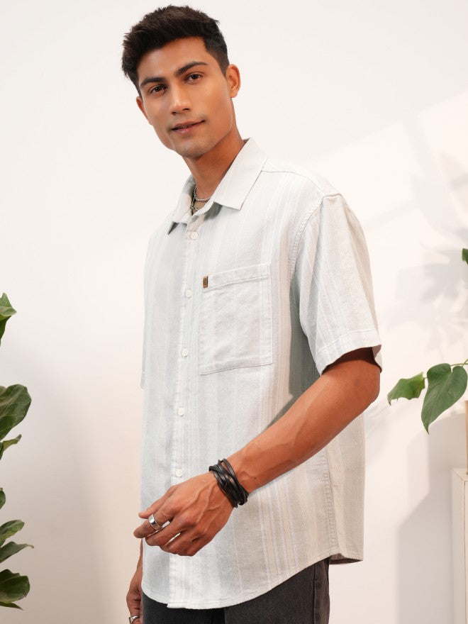 Locomotive Premium Men Light Grey Dobby Textured Oversized Shirt - Grey - Image 4
