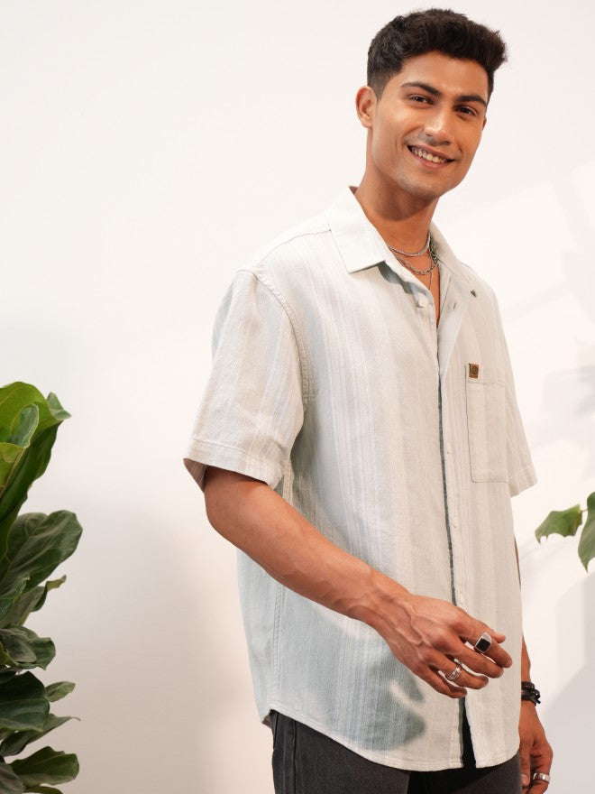 Locomotive Premium Men Light Grey Dobby Textured Oversized Shirt - Grey - Image 6