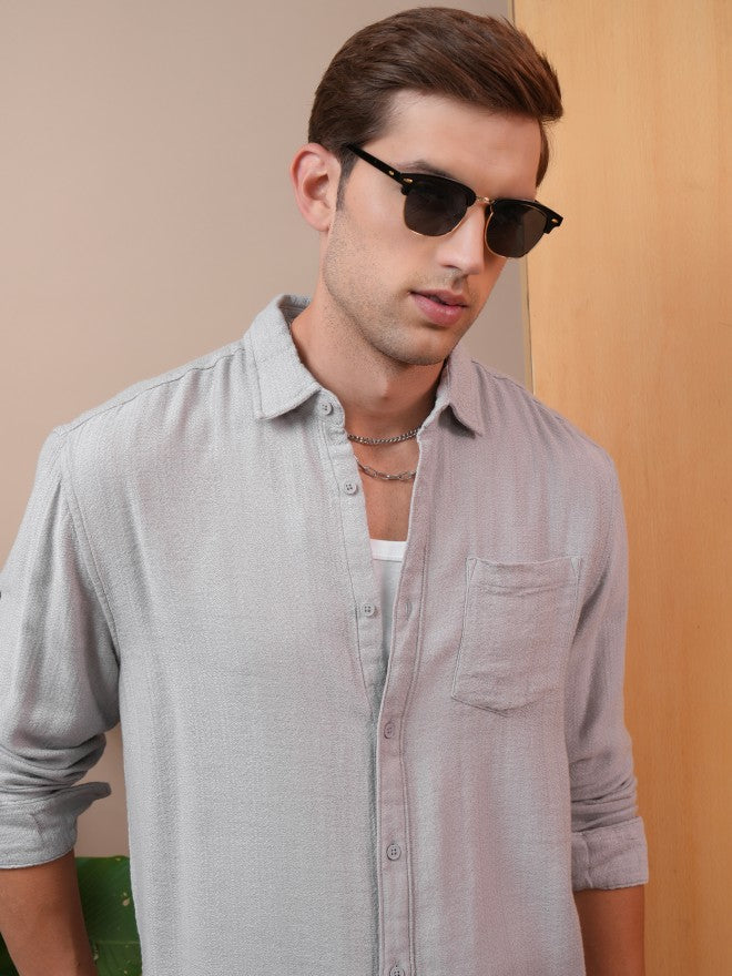 Locomotive Men Grey Textured Regular Fit Casual Shirt - Grey - Image 1