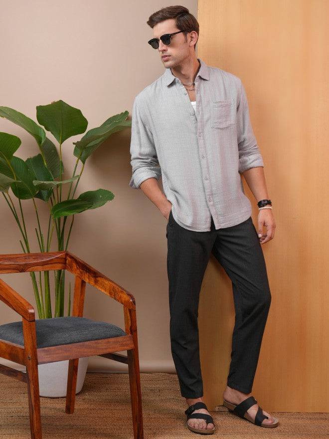 Locomotive Men Grey Textured Regular Fit Casual Shirt - Grey - Image 2