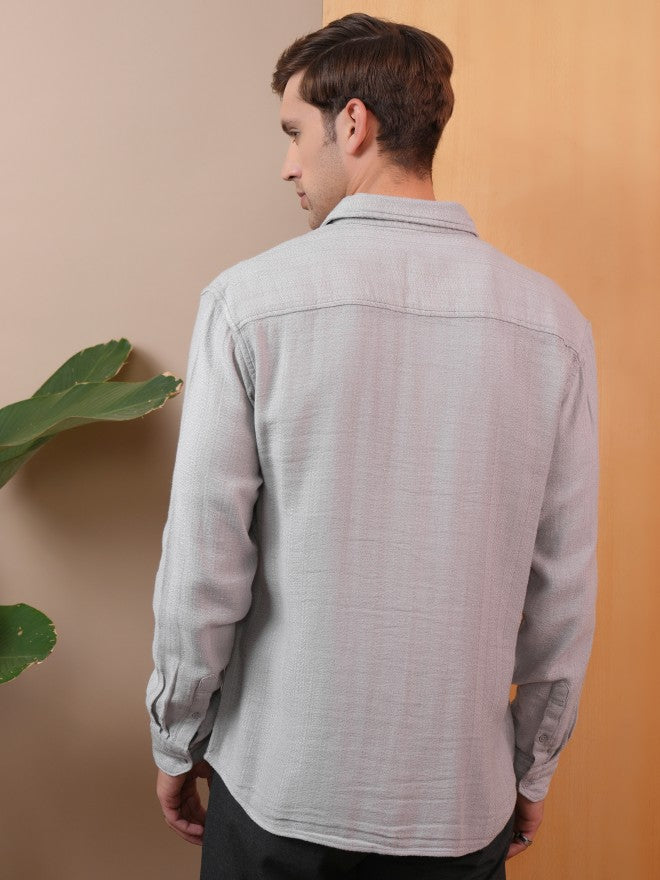 Locomotive Men Grey Textured Regular Fit Casual Shirt - Grey - Image 3