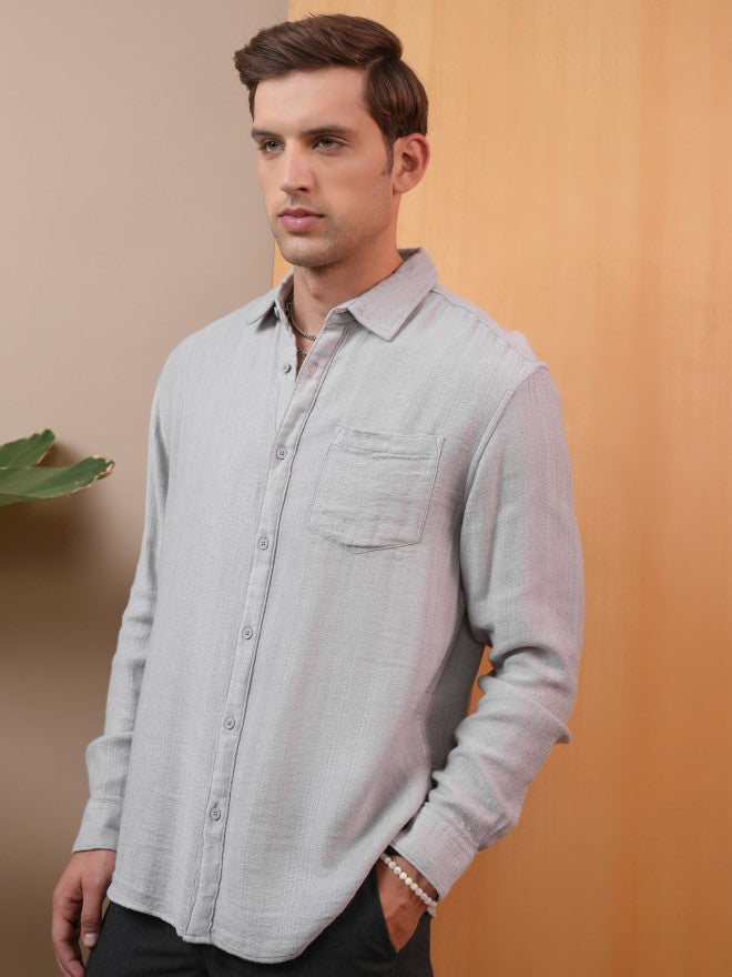 Locomotive Men Grey Textured Regular Fit Casual Shirt - Grey - Image 4