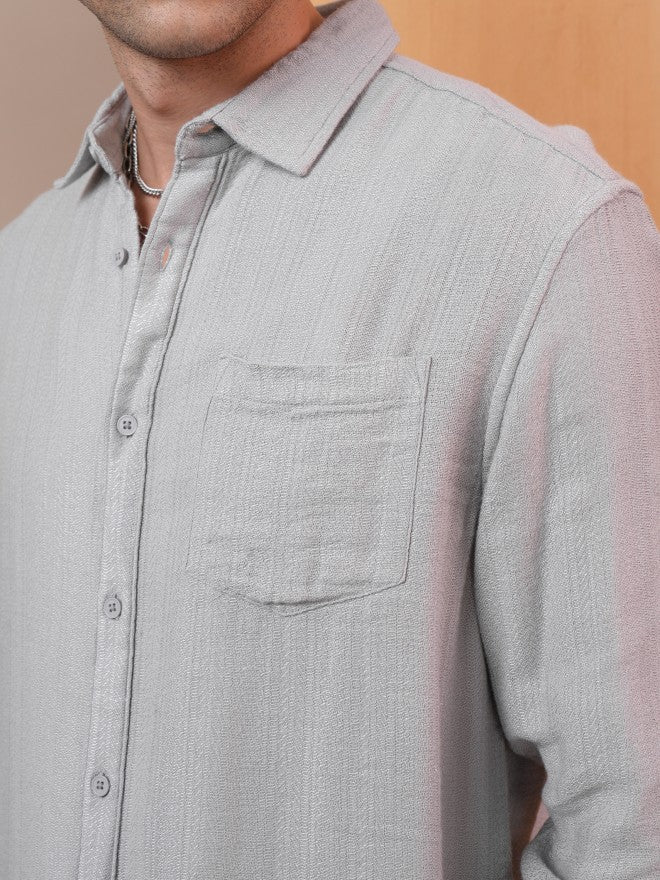 Locomotive Men Grey Textured Regular Fit Casual Shirt - Grey - Image 5