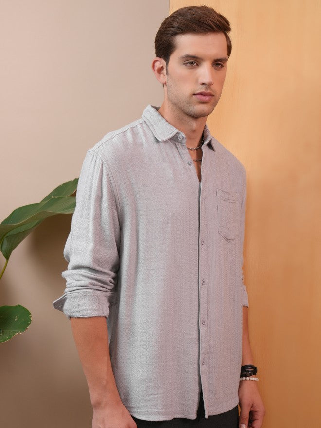 Locomotive Men Grey Textured Regular Fit Casual Shirt - Grey - Image 6