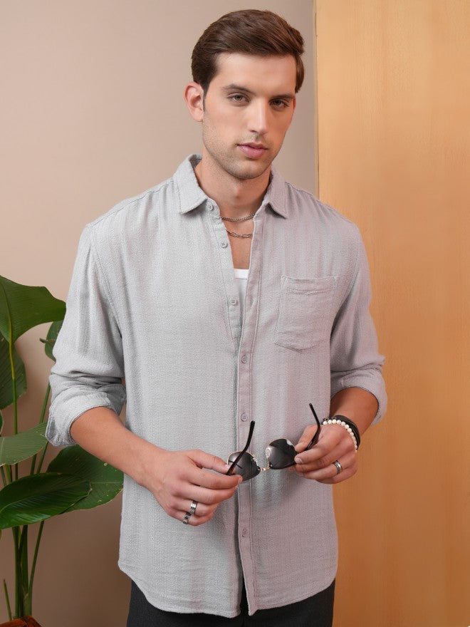 Locomotive Men Grey Textured Regular Fit Casual Shirt - Grey - Image 7