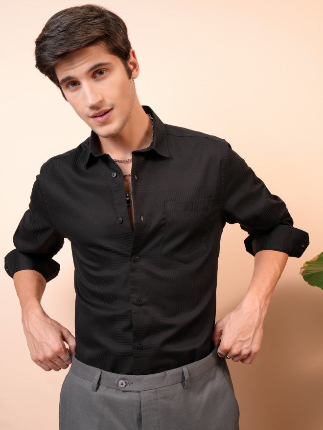 Locomotive Men Black Self Design Slim Fit Casual Shirts - Black - Image 1