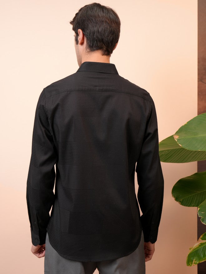 Locomotive Men Black Self Design Slim Fit Casual Shirts - Black - Image 3
