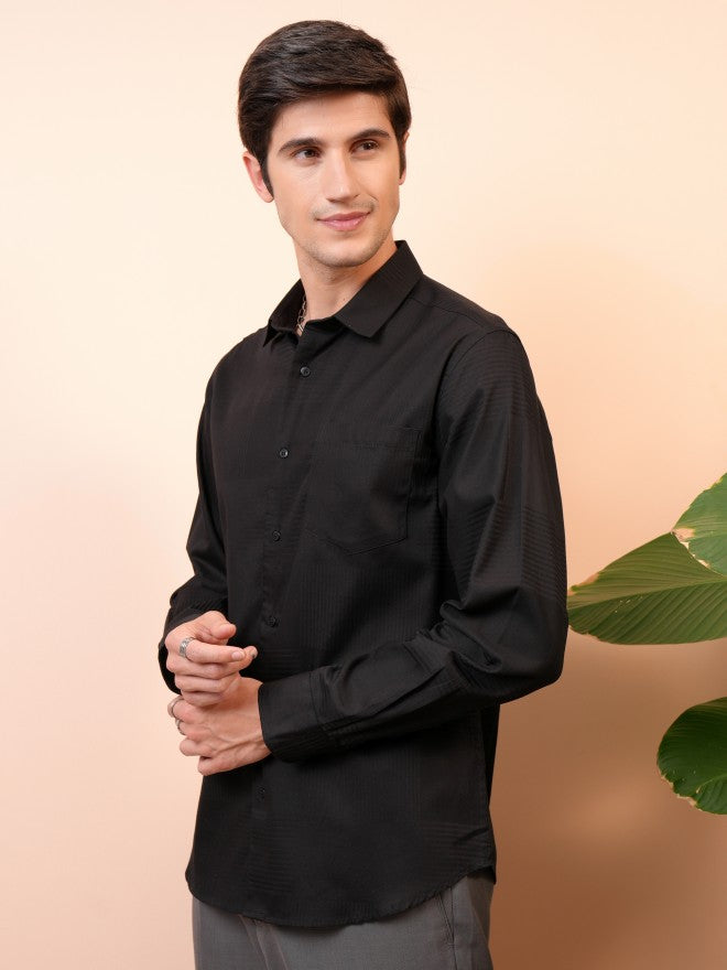 Locomotive Men Black Self Design Slim Fit Casual Shirts - Black - Image 4