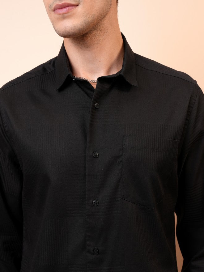 Locomotive Men Black Self Design Slim Fit Casual Shirts - Black - Image 5