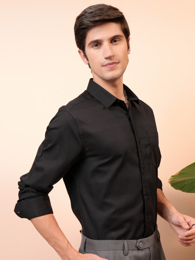 Locomotive Men Black Self Design Slim Fit Casual Shirts - Black - Image 6