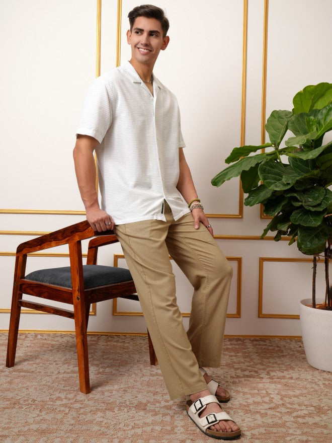 Locomotive Premium Men White & Green Cotton Linen Waffle Textured Cuban Collar Relaxed Shirt - White - Image 2