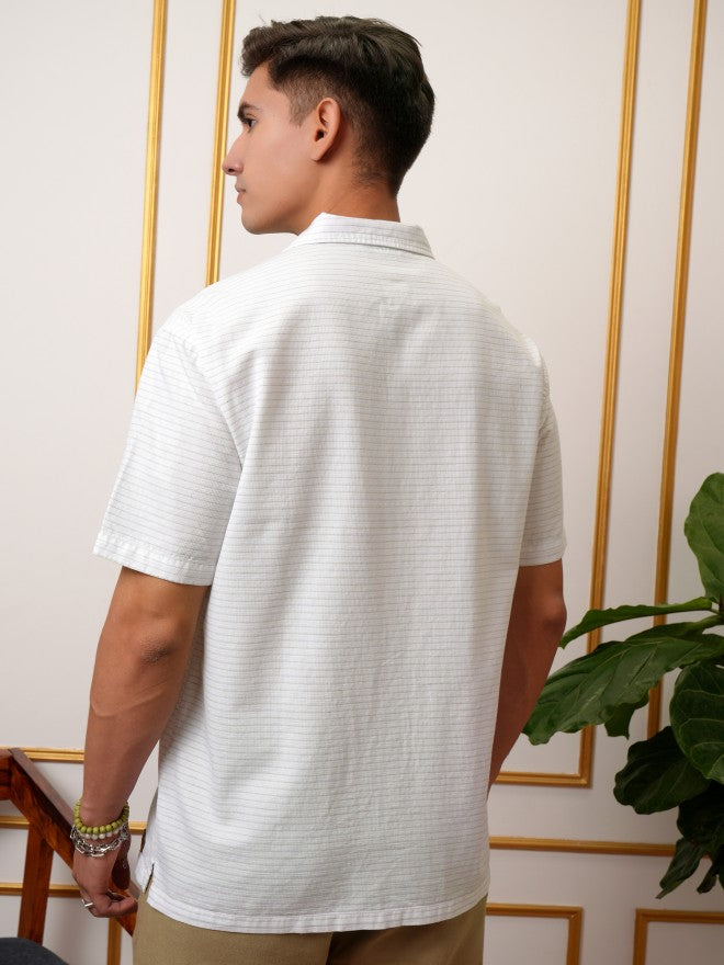 Locomotive Premium Men White & Green Cotton Linen Waffle Textured Cuban Collar Relaxed Shirt - White - Image 3