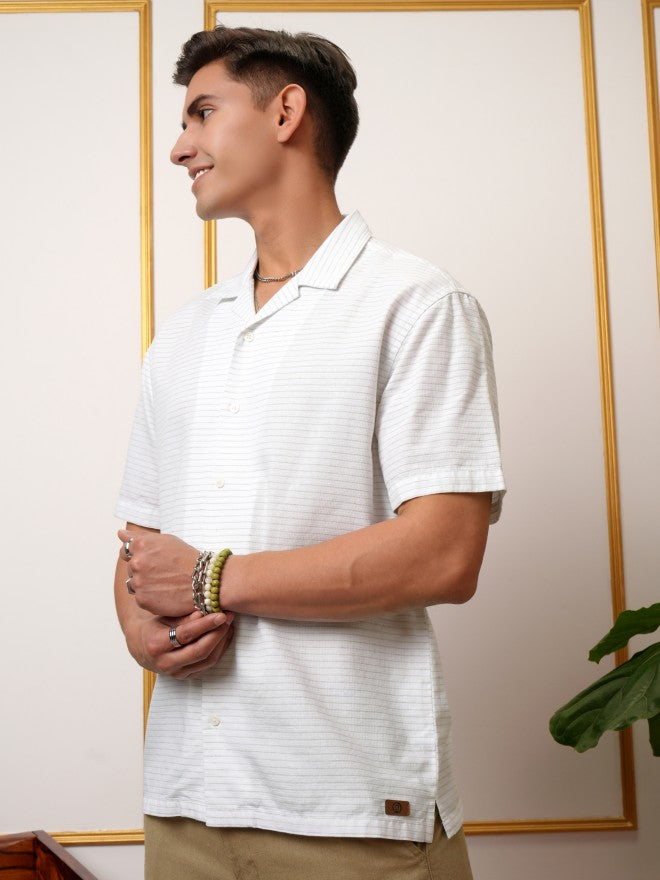 Locomotive Premium Men White & Green Cotton Linen Waffle Textured Cuban Collar Relaxed Shirt - White - Image 4