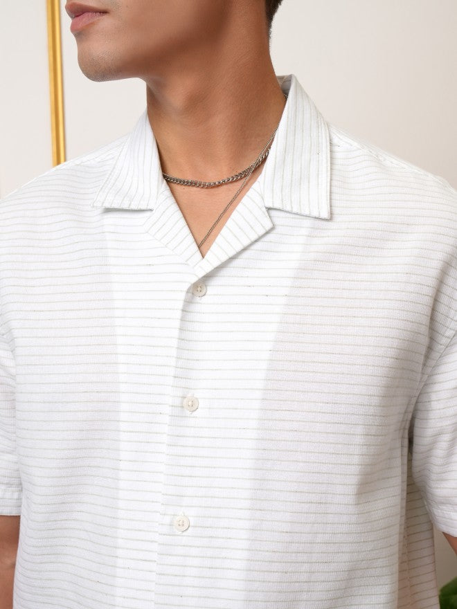 Locomotive Premium Men White & Green Cotton Linen Waffle Textured Cuban Collar Relaxed Shirt - White - Image 5