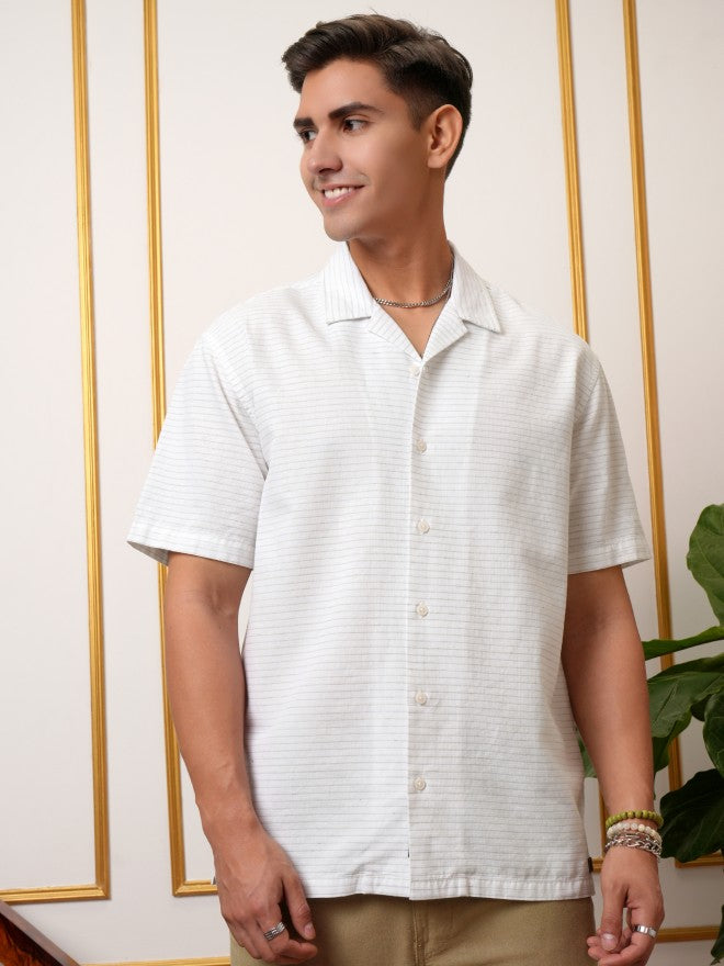 Locomotive Premium Men White & Green Cotton Linen Waffle Textured Cuban Collar Relaxed Shirt - White - Image 6