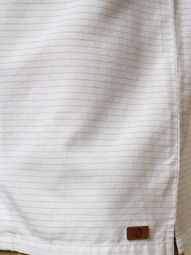 Locomotive Premium Men White & Green Cotton Linen Waffle Textured Cuban Collar Relaxed Shirt - White - Image 7