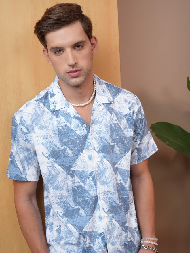Locomotive Premium Men Blue Dobby Textured Printed Cuban Collar Relaxed Shirt - Blue - Image 1