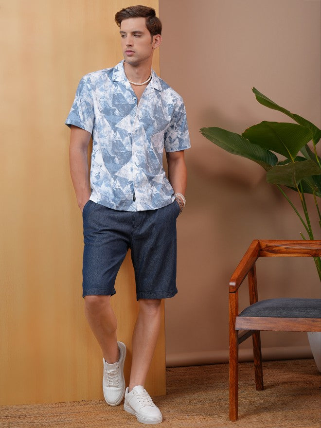 Locomotive Premium Men Blue Dobby Textured Printed Cuban Collar Relaxed Shirt - Blue - Image 2