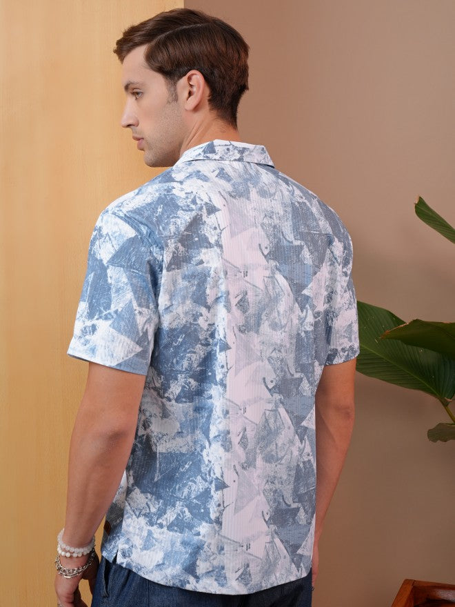 Locomotive Premium Men Blue Dobby Textured Printed Cuban Collar Relaxed Shirt - Blue - Image 3