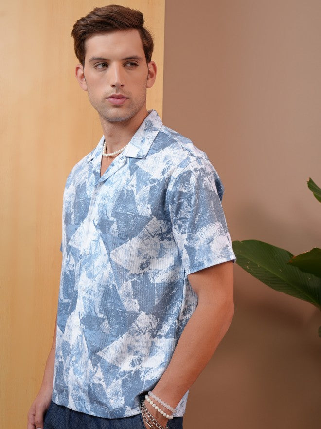 Locomotive Premium Men Blue Dobby Textured Printed Cuban Collar Relaxed Shirt - Blue - Image 4