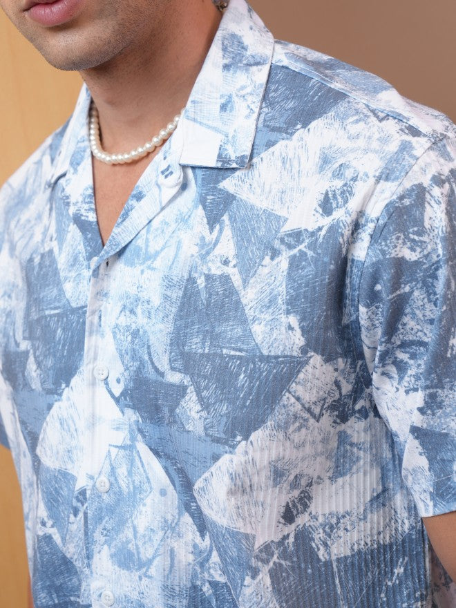 Locomotive Premium Men Blue Dobby Textured Printed Cuban Collar Relaxed Shirt - Blue - Image 5