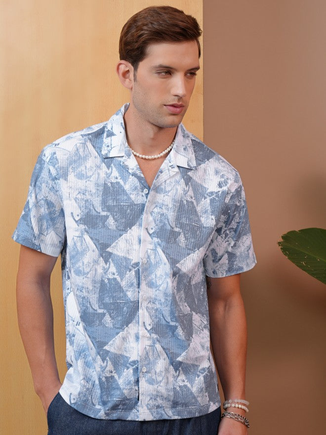 Locomotive Premium Men Blue Dobby Textured Printed Cuban Collar Relaxed Shirt - Blue - Image 6
