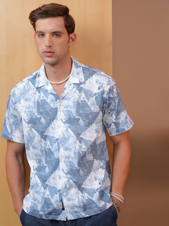 Locomotive Premium Men Blue Dobby Textured Printed Cuban Collar Relaxed Shirt - Blue - Image 7