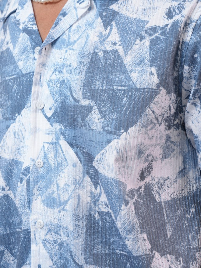 Locomotive Premium Men Blue Dobby Textured Printed Cuban Collar Relaxed Shirt - Blue - Image 8