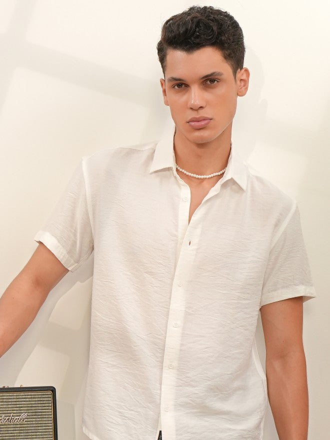 Locomotive Men White Self Design Regular Fit Casual Shirt - White - Image 1