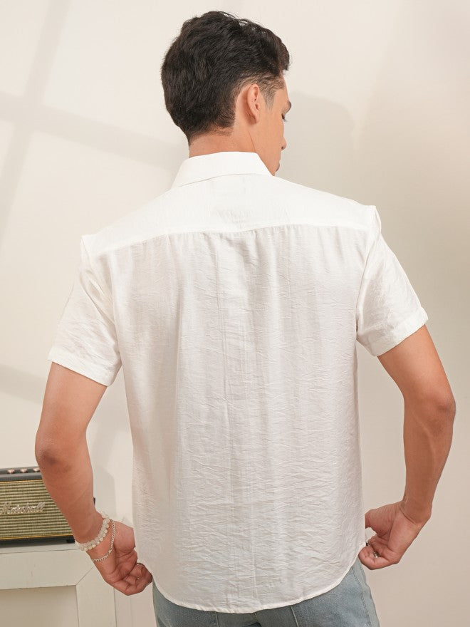 Locomotive Men White Self Design Regular Fit Casual Shirt - White - Image 3