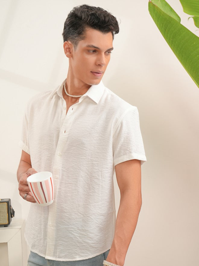 Locomotive Men White Self Design Regular Fit Casual Shirt - White - Image 4