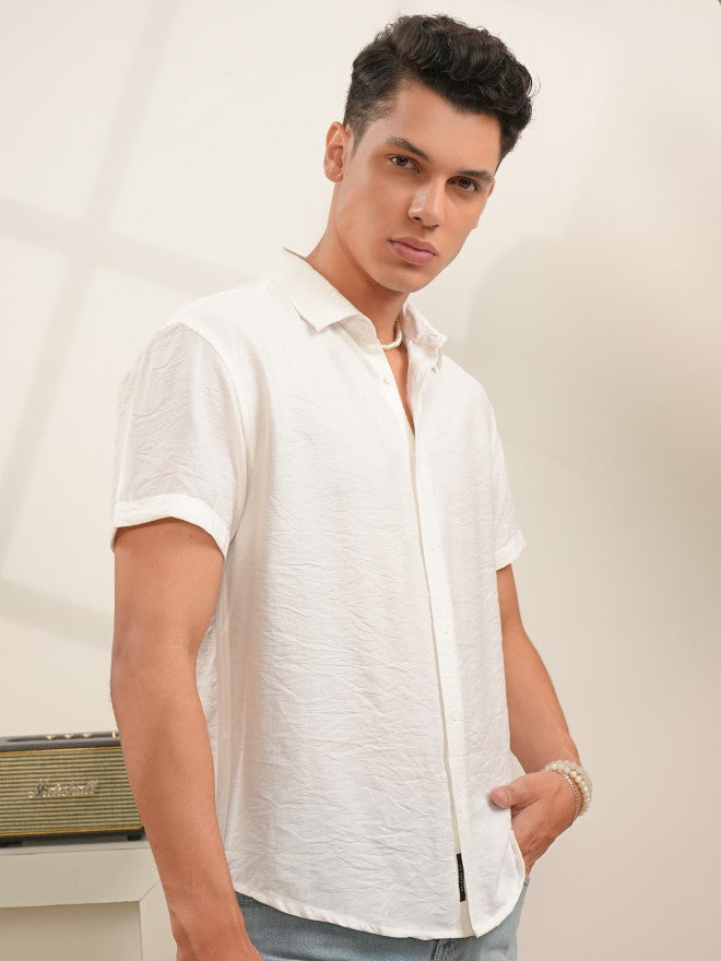 Locomotive Men White Self Design Regular Fit Casual Shirt - White - Image 6