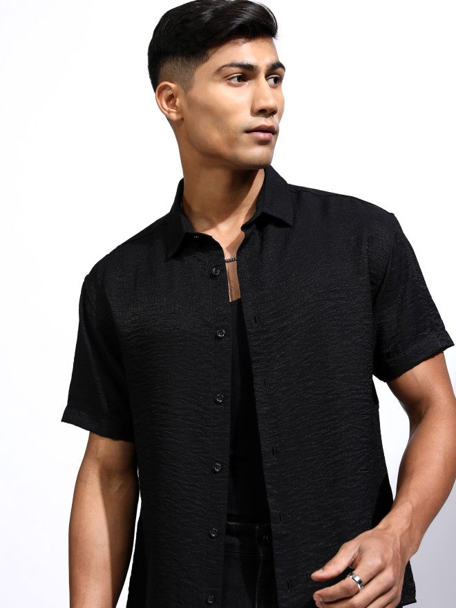 Locomotive Men Black Textured Relaxed Fit Casual Shirt - Black - Image 1