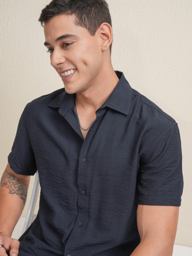 Locomotive Premium Men Navy Blue Textured Relaxed Fit Casual Shirt - Navy Blue - Image 1