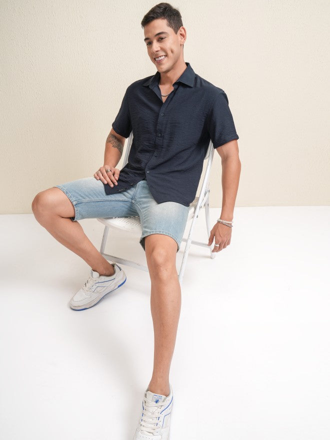 Locomotive Premium Men Navy Blue Textured Relaxed Fit Casual Shirt - Navy Blue - Image 2
