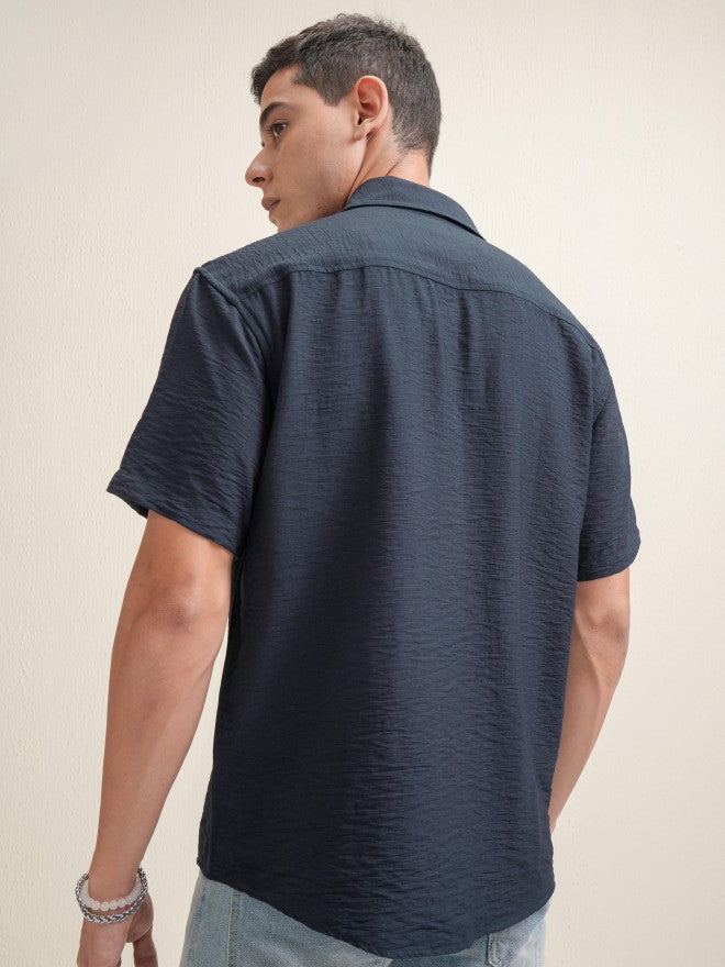 Locomotive Premium Men Navy Blue Textured Relaxed Fit Casual Shirt - Navy Blue - Image 3