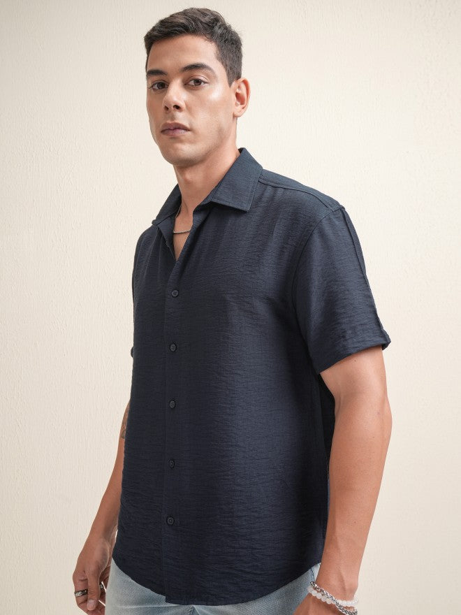 Locomotive Premium Men Navy Blue Textured Relaxed Fit Casual Shirt - Navy Blue - Image 4