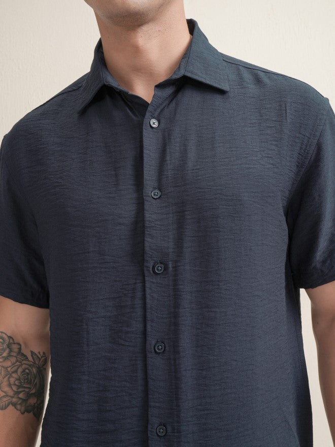 Locomotive Premium Men Navy Blue Textured Relaxed Fit Casual Shirt - Navy Blue - Image 5