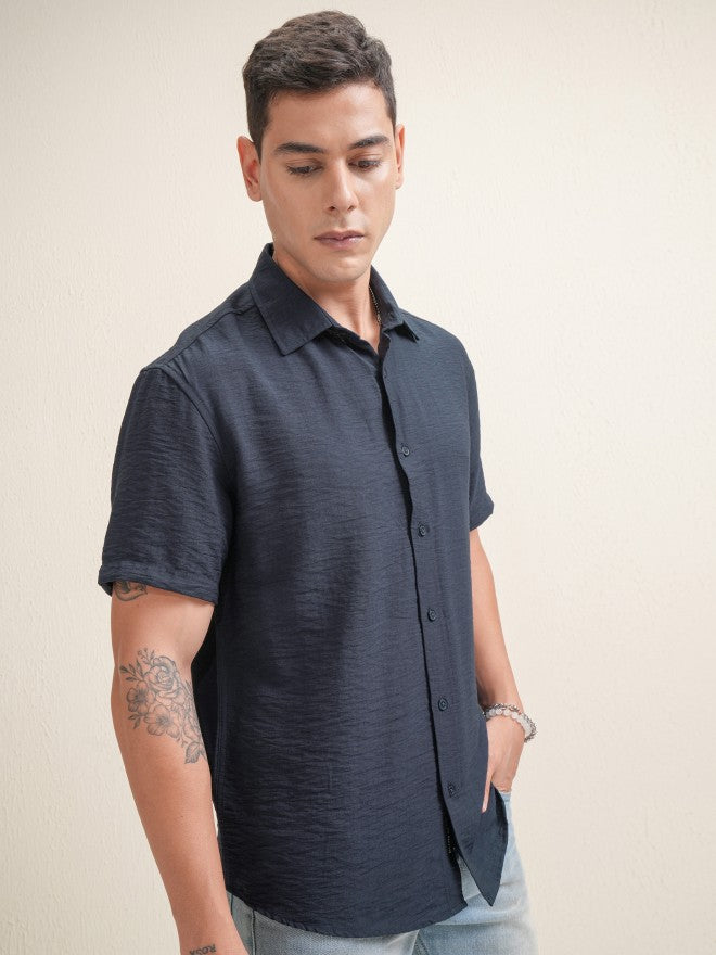 Locomotive Premium Men Navy Blue Textured Relaxed Fit Casual Shirt - Navy Blue - Image 6