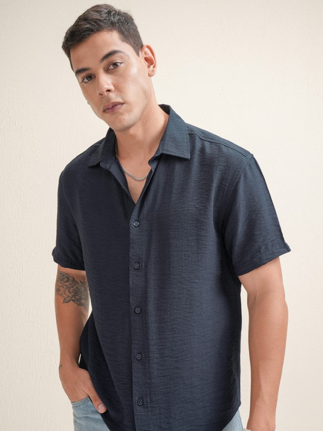 Locomotive Premium Men Navy Blue Textured Relaxed Fit Casual Shirt - Navy Blue - Image 7