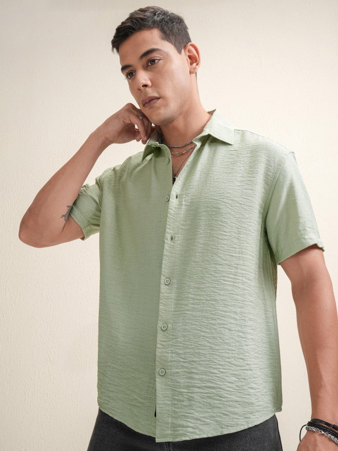 Locomotive Premium Men Green Textured Relaxed Fit Casual Shirt - Green - Image 4
