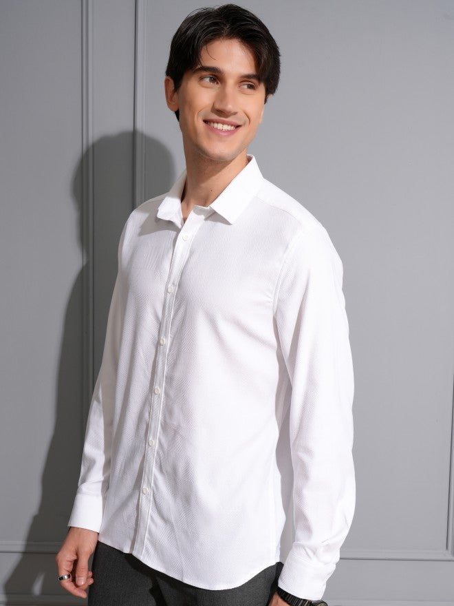 Locomotive Men White Textured Slim Fit Casual Shirt - White - Image 4