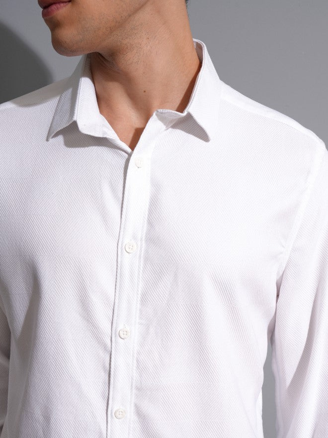 Locomotive Men White Textured Slim Fit Casual Shirt - White - Image 5