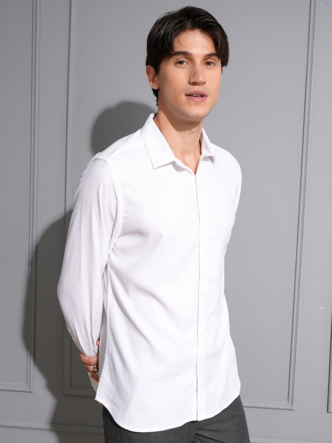 Locomotive Men White Textured Slim Fit Casual Shirt - White - Image 6